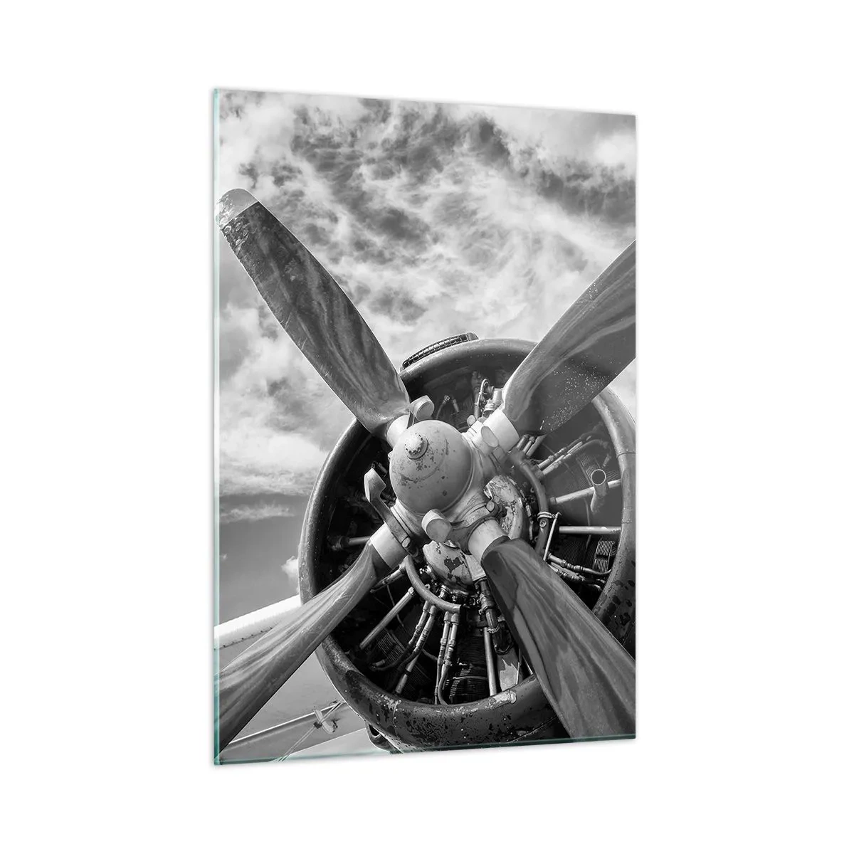 Cuadro sobre vidrio - Impresiones sobre Vidrio - Un primer plano de una hélice de avión en blanco y negro. - 50x70cm - Conquistador de los cielos - Decoración de pared moderna para salón y dormitorio ARTTOR