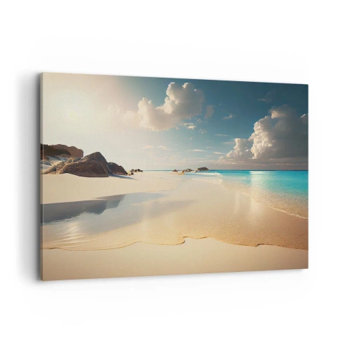 Cuadro sobre lienzo - Impresión de Imagen - Una playa soleada con mar azul y rocas. - 100x70cm - Un día de ensueño - Decoración de pared moderna para salón y dormitorio ARTTOR