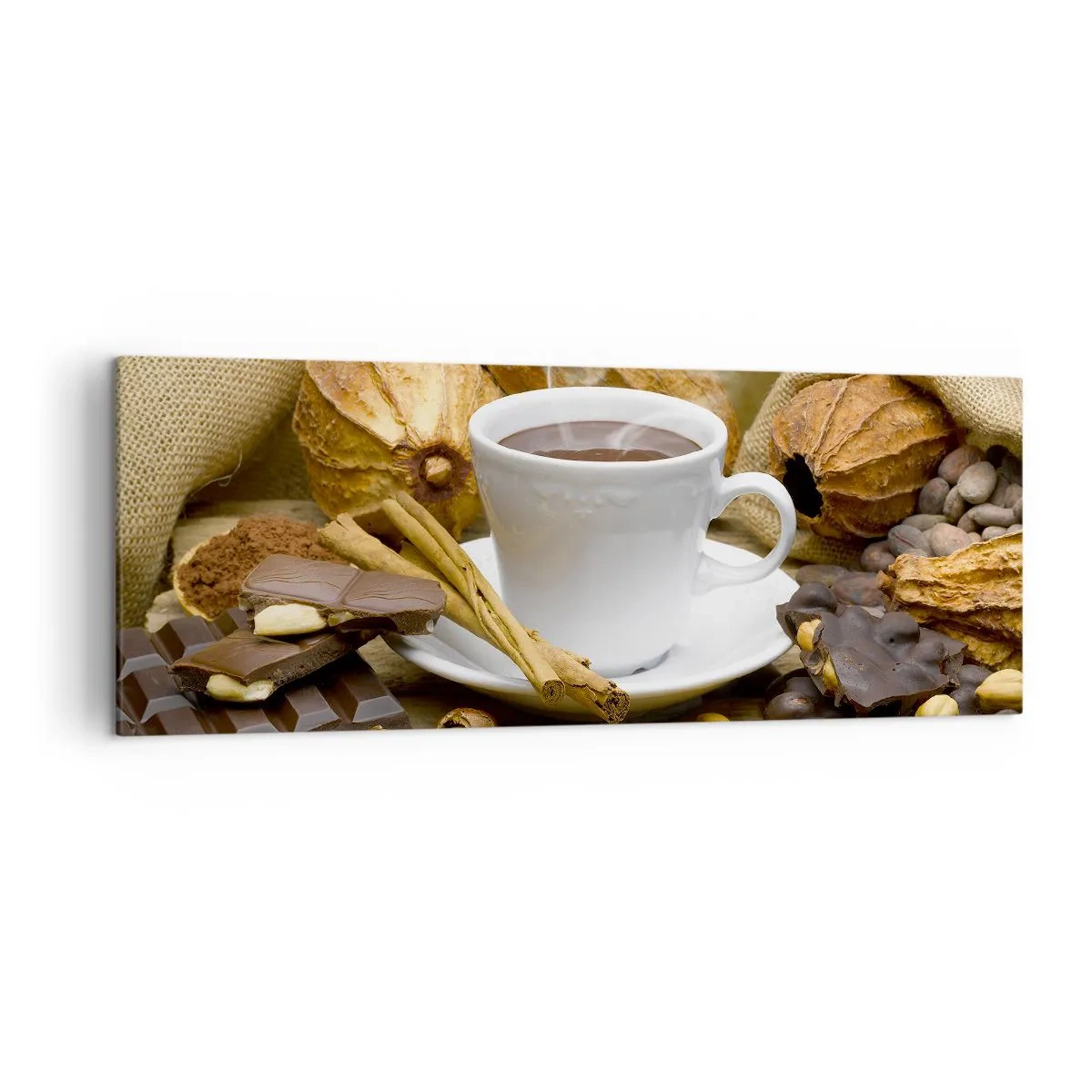 Cuadro sobre lienzo - Impresión de Imagen - Una taza de chocolate caliente rodeada de cacao y canela. - 140x50cm - Para los que buscan emociones - Decoración de pared moderna para salón y dormitorio ARTTOR