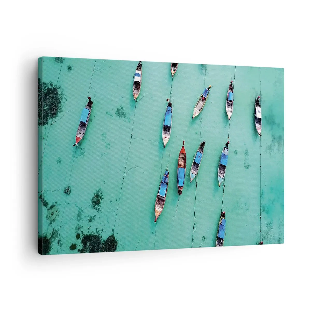 Cuadro sobre lienzo - Impresión de Imagen - Una vista aérea de barcos en aguas turquesas. - 70x50cm - En alegre espera - Decoración de pared moderna para salón y dormitorio ARTTOR
