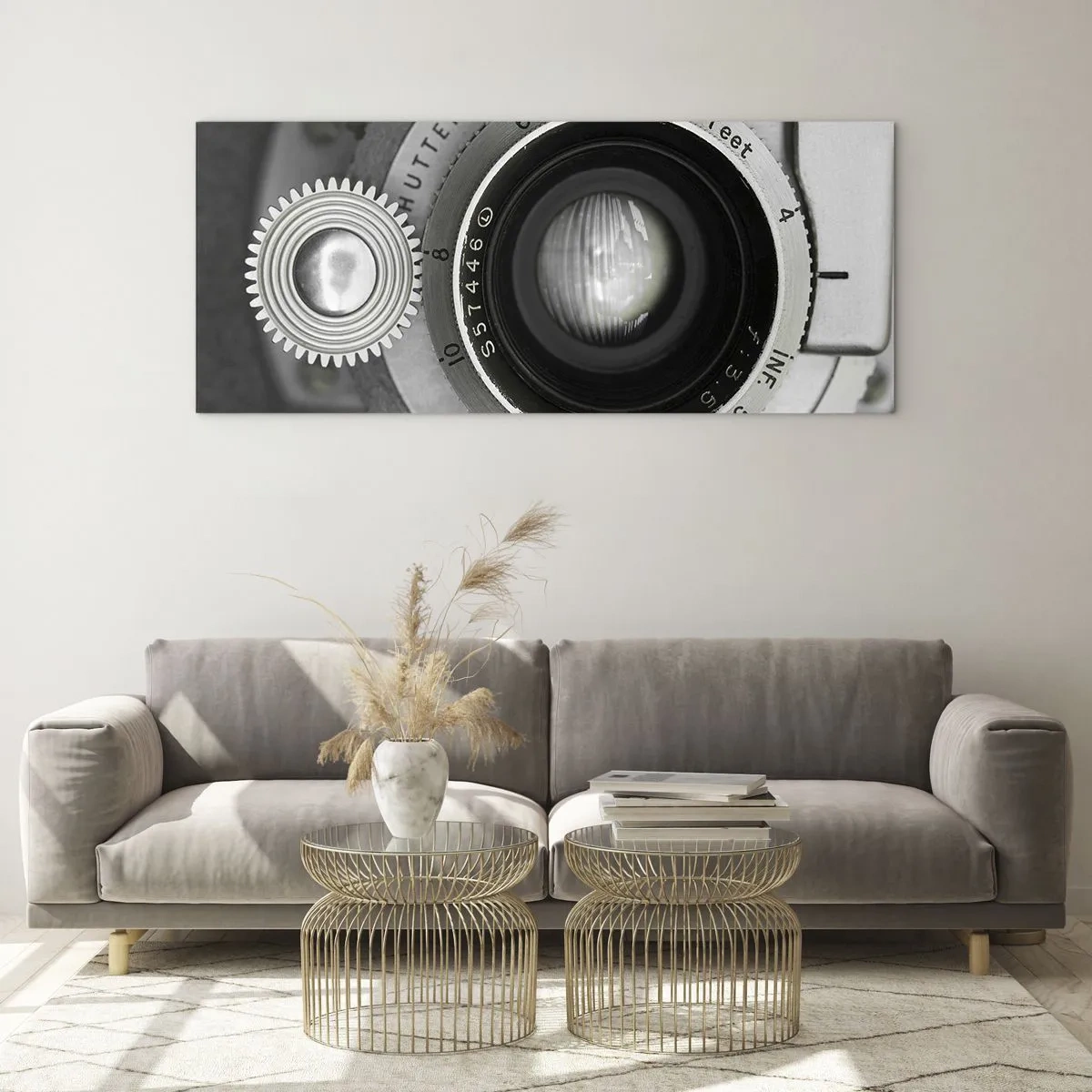 Cuadro sobre vidrio - Impresiones sobre Vidrio - La lente de una cámara antigua - 140x50cm - Una historia de Hollywood - Decoración de pared moderna para salón y dormitorio ARTTOR