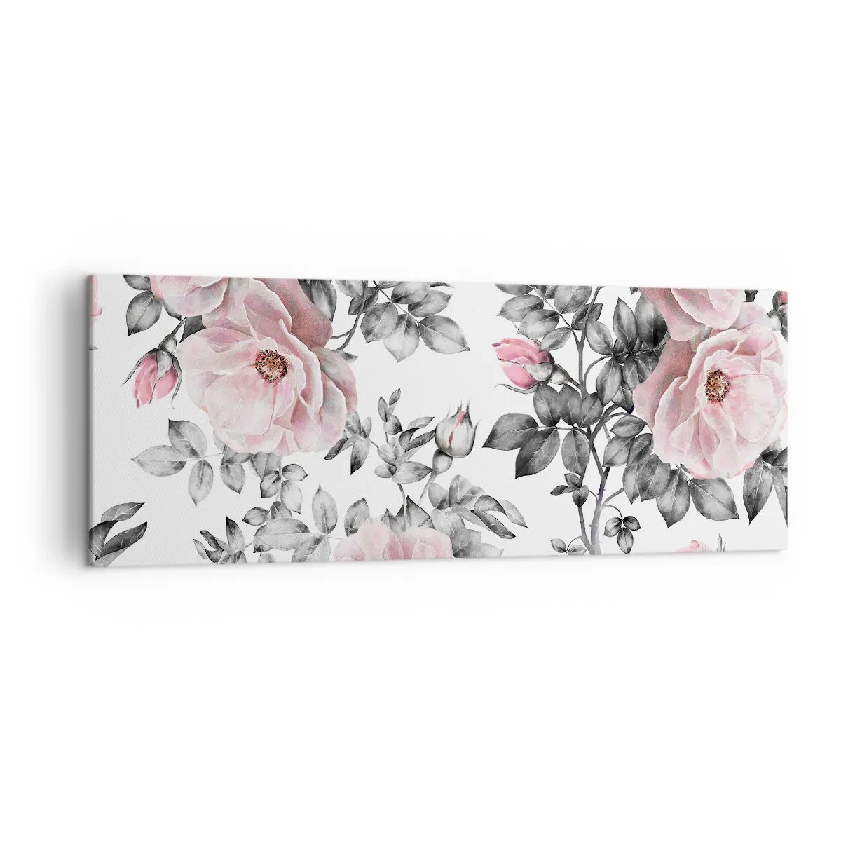 Cuadro sobre lienzo - Impresión de Imagen - Rosas rosas y hojas sobre un delicado fondo blanco y negro. - 140x50cm - Entre las rosas - Decoración de pared moderna para salón y dormitorio ARTTOR
