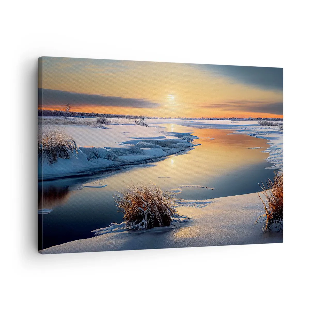 Cuadro sobre lienzo - Impresión de Imagen - Paisaje invernal con un río al atardecer - 70x50cm - Atardecer de invierno - Decoración de pared moderna para salón y dormitorio ARTTOR