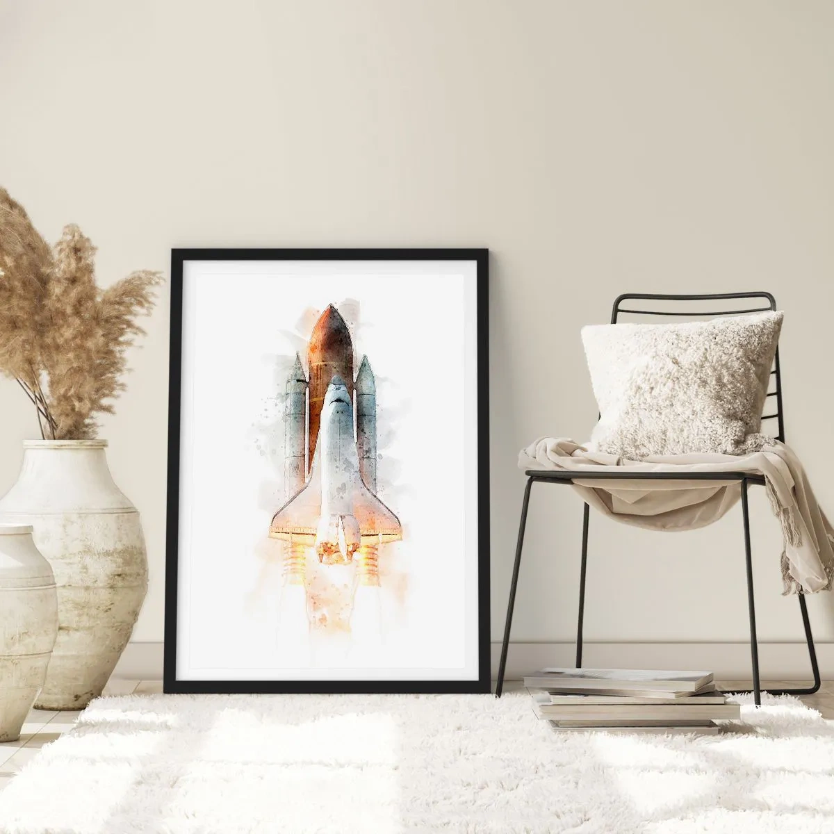 Póster en marco negro - Transbordador espacial estilo acuarela despegando - 50x70cm - El comienzo de la exploración - Decoración de pared moderna para salón y dormitorio ARTTOR