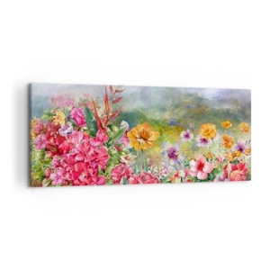 Cuadro sobre lienzo - Impresión de Imagen - Una colorida composición de flores sobre un fondo de paisaje de color pastel. - 120x50cm - Un jardín enloquecido - Decoración de pared moderna para salón y dormitorio ARTTOR