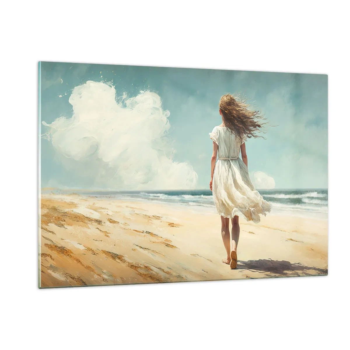 Cuadro sobre vidrio - Impresiones sobre Vidrio - Una mujer con un vestido blanco caminando descalza en una playa soleada. - 120x80cm - Al encuentro del sol y del viento - Decoración de pared moderna para salón y dormitorio ARTTOR