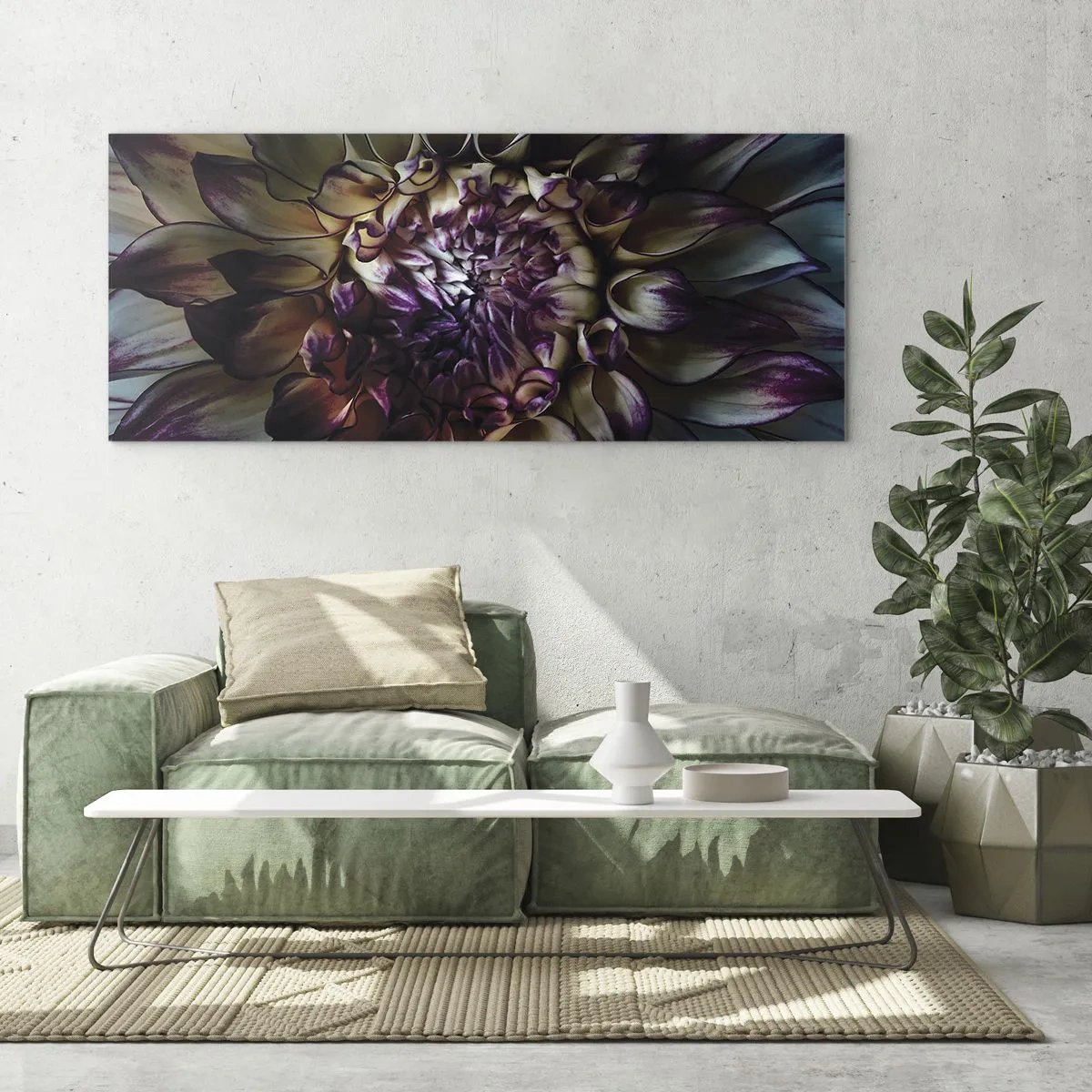Cuadro sobre vidrio - Impresiones sobre Vidrio - Primer plano de una flor de dalia en tonos oscuros. - 120x50cm - El florecimiento de la hermosura - Decoración de pared moderna para salón y dormitorio ARTTOR