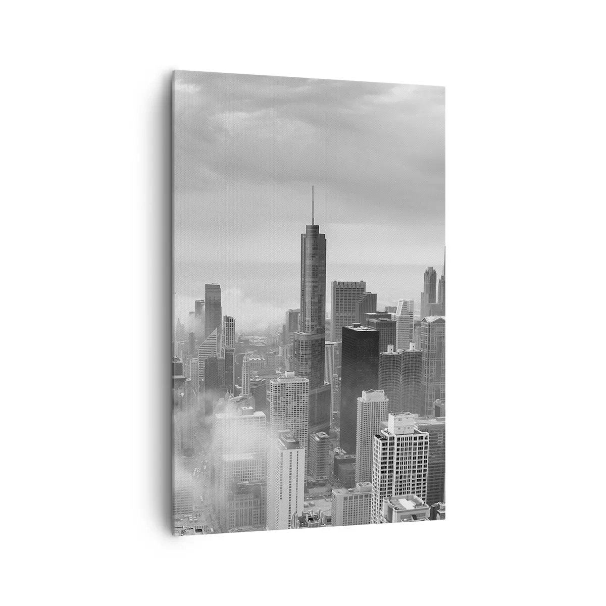 Cuadro sobre lienzo - Impresión de Imagen - Panorama de la ciudad con rascacielos en las nubes en blanco y negro - 80x120cm - Paisaje americano - Decoración de pared moderna para salón y dormitorio ARTTOR