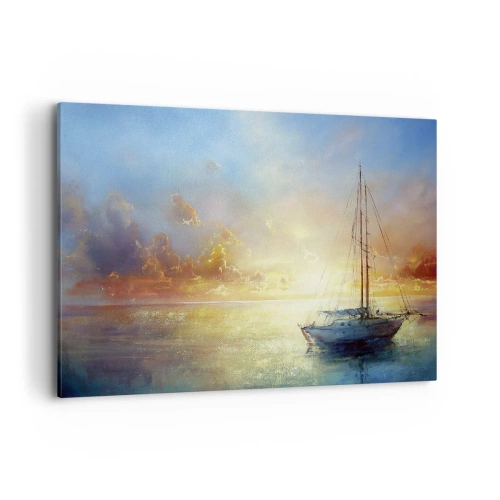 Cuadro sobre lienzo - Impresión de Imagen - Un yate en un mar tranquilo al atardecer. - 120x80cm - En una bahía dorada - Decoración de pared moderna para salón y dormitorio ARTTOR