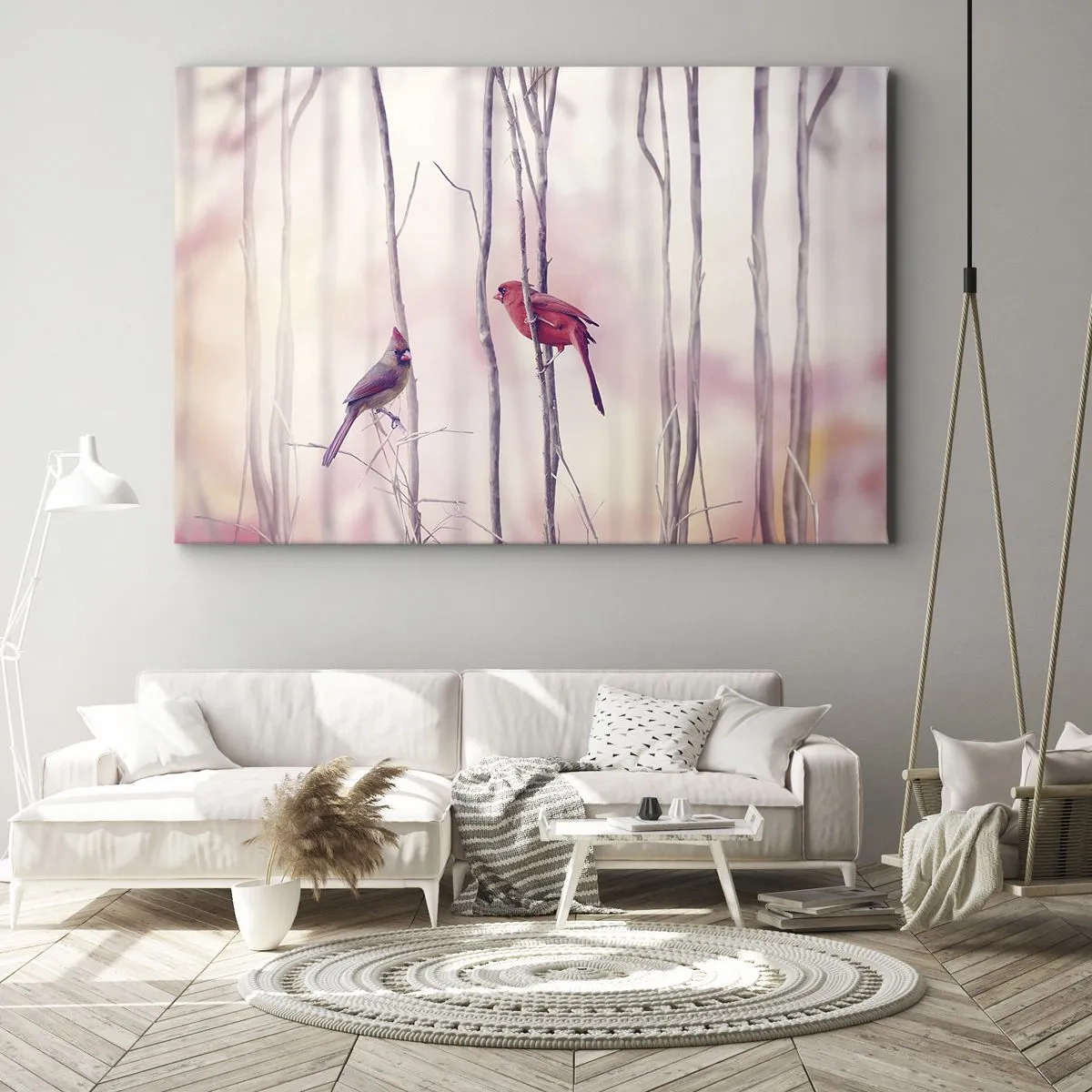 Cuadro sobre lienzo - Impresión de Imagen - Una pareja de cardenales posados en las ramas en un paisaje pastel. - 70x50cm - Historia de un bosque rosa - Decoración de pared moderna para salón y dormitorio ARTTOR