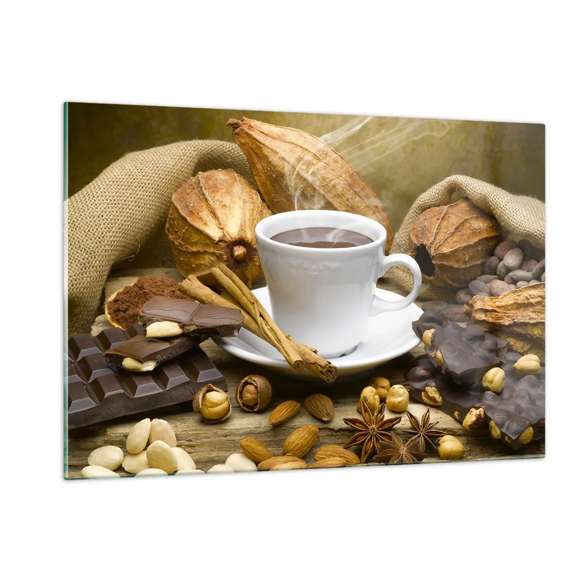 Cuadro sobre vidrio - Impresiones sobre Vidrio - Una taza de chocolate caliente rodeada de chocolate y especias. - 120x80cm - Para los que buscan emociones - Decoración de pared moderna para salón y dormitorio ARTTOR