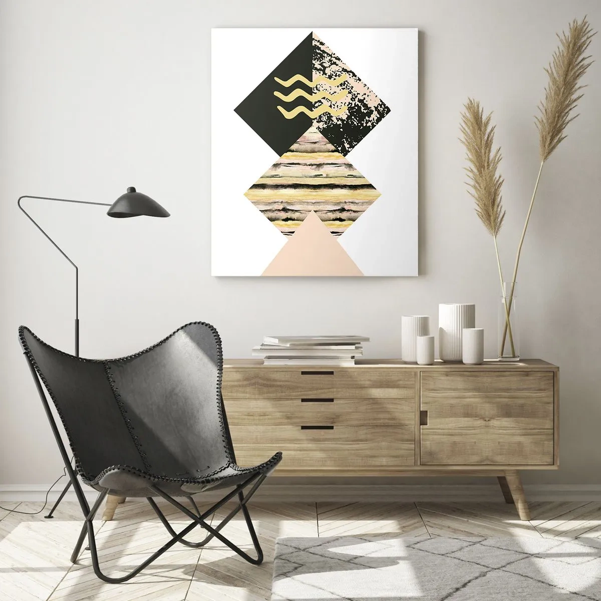 Cuadro sobre vidrio - Impresiones sobre Vidrio - Composición geométrica abstracta con triángulos y texturas. - 50x70cm - No es tan sencillo - Decoración de pared moderna para salón y dormitorio ARTTOR