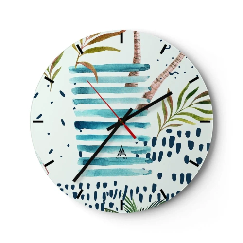 Reloj de pared - Reloj de vidrio - Palmeras abstractas y patrones azules - 30x30cm - Vacaciones bajo las palmeras - Decoración de pared moderna para salón, cocina y dormitorio ARTTOR