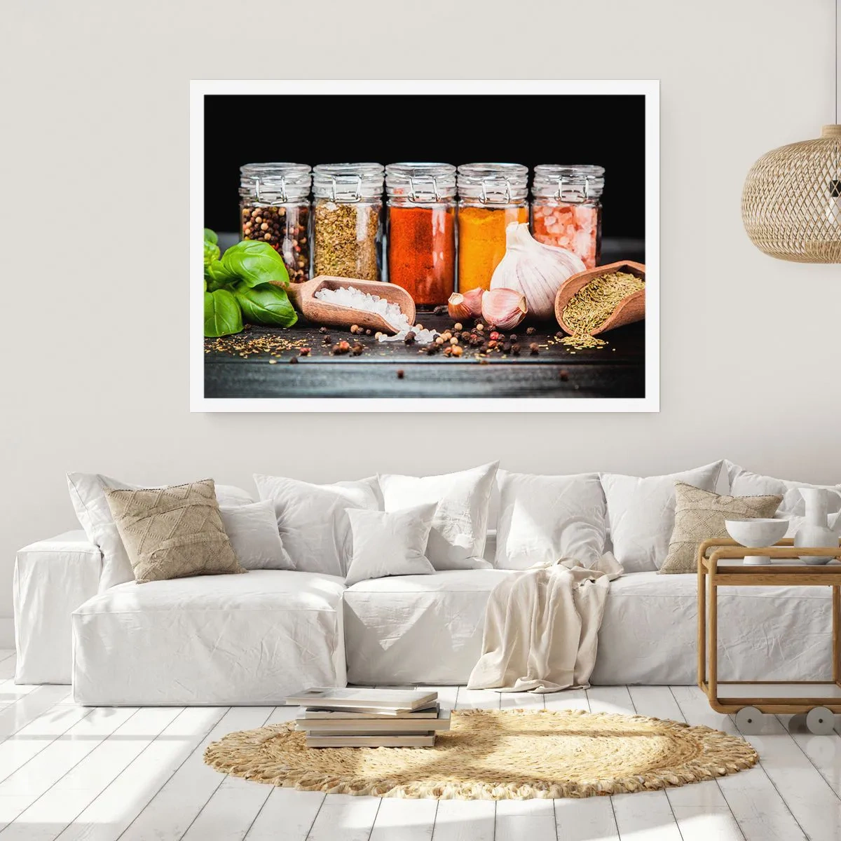 Póster - Hierbas y especias en frascos de vidrio sobre un fondo oscuro. - 100x70cm - Para que la vida sepa bien - Decoración de pared moderna para salón y dormitorio ARTTOR