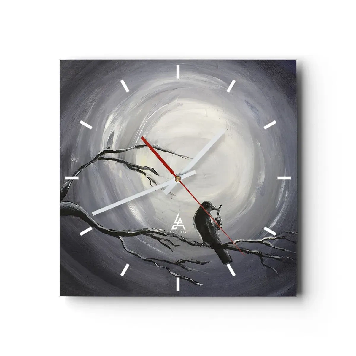 Reloj de pared - Reloj de vidrio - Pájaro negro en una rama a la luz de la luna - 30x30cm - La clave del misterio de la noche - Decoración de pared moderna para salón y dormitorio ARTTOR