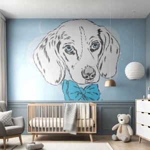 Fotomural Premium Sand - Boceto de un perro con pajarita sobre un fondo pastel. - 100x70cm - Elegancia canina - Decoración de pared moderna para salón y dormitorio ARTTOR