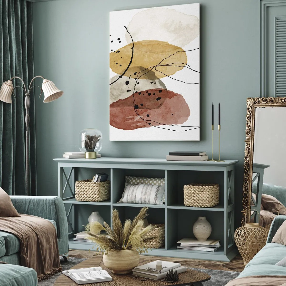 Cuadro sobre lienzo - Impresión de Imagen - Manchas abstractas en tonos beige, amarillo y rojo. - 50x70cm - Líneas y transparencias - Decoración de pared moderna para salón y dormitorio ARTTOR