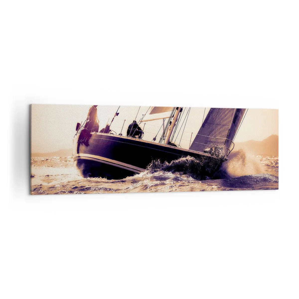 Cuadro sobre lienzo - Impresión de Imagen - Un yate en un mar tempestuoso a la luz del sol poniente. - 160x50cm - Navega, marinero - Decoración de pared moderna para salón y dormitorio ARTTOR