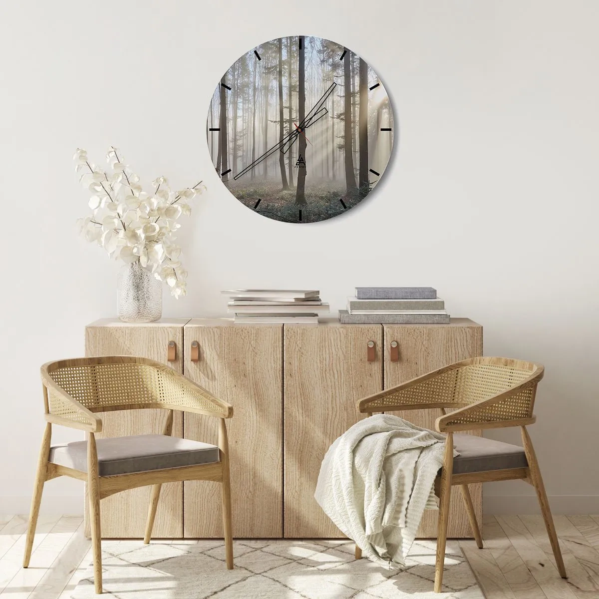 Reloj de pared - Reloj de vidrio - La niebla brilla a través de los árboles en el bosque. - 30x30cm - La niebla también está despierta - Decoración de pared moderna para salón, cocina y dormitorio ARTTOR