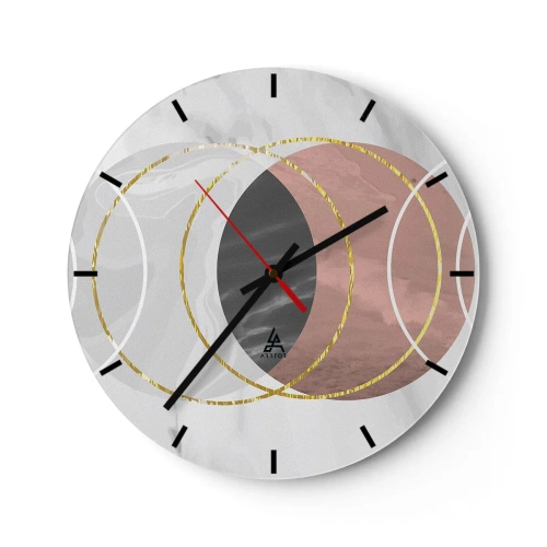 Reloj de pared - Reloj de vidrio - Círculos geométricos en tonos grises y cobre con acentos dorados. - 30x30cm - Música de las esferas - Decoración de pared moderna para salón, cocina y dormitorio ARTTOR
