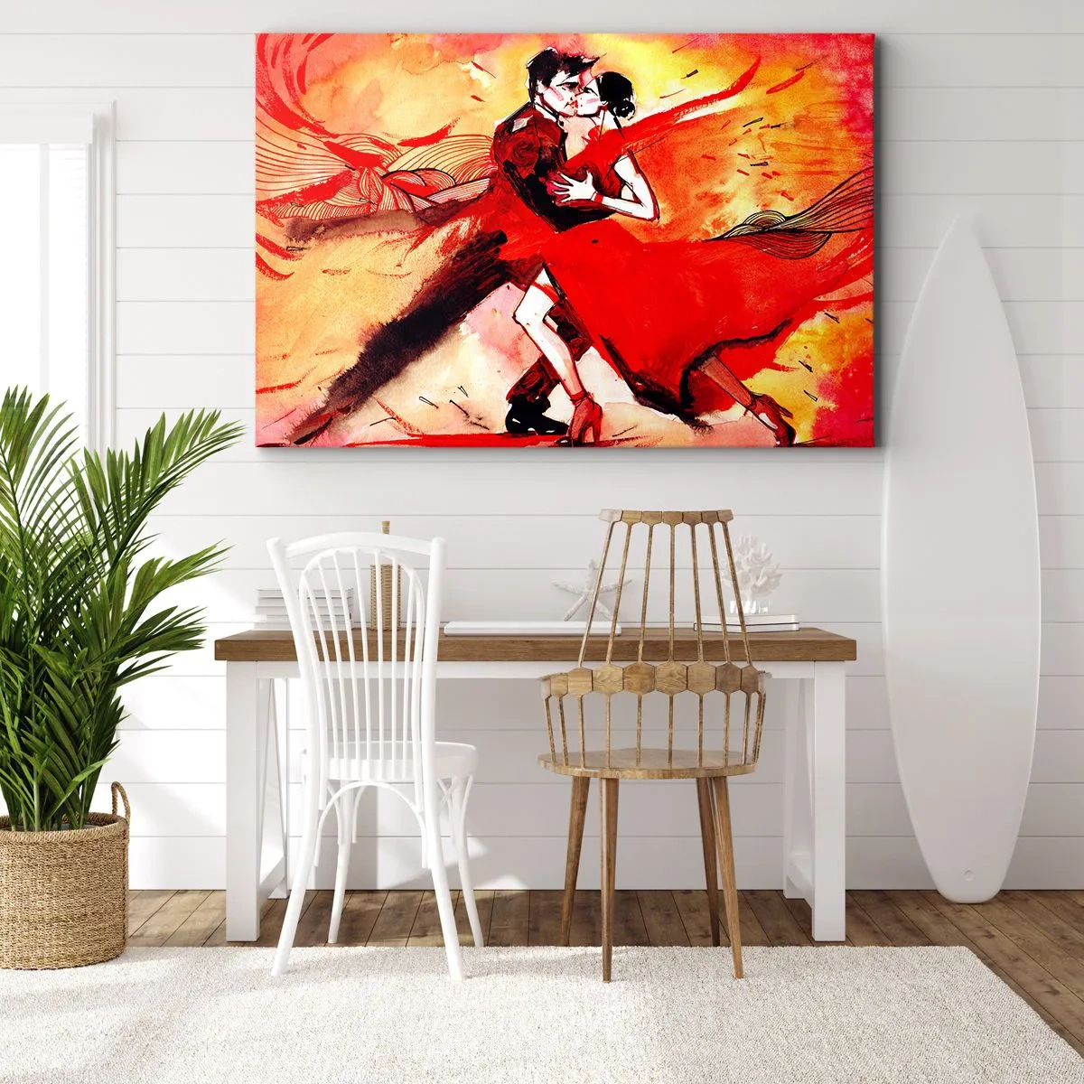 Cuadro sobre lienzo - Impresión de Imagen - Una pareja bailando tango en tonos rojos sobre un fondo dinámico. - 120x80cm - Ritmo púrpura de la pasión - Decoración de pared moderna para salón y dormitorio ARTTOR