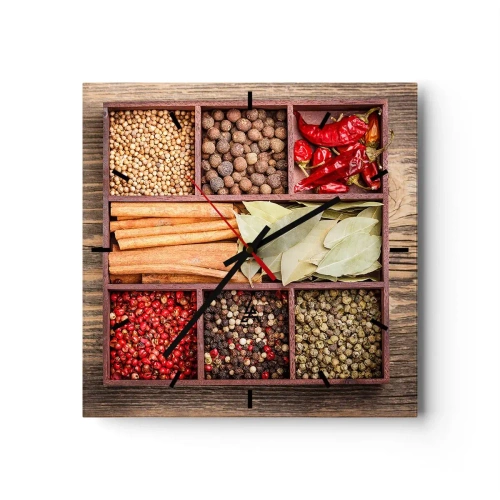 Reloj de pared - Reloj de vidrio - Caja de madera con varias especias en compartimentos. - 30x30cm - Orden de formas, composición de aromas - Decoración de pared moderna para salón y dormitorio ARTTOR