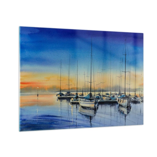 Cuadro sobre vidrio - Impresiones sobre Vidrio - Veleros en el puerto al atardecer - 70x50cm - El final de un buen día - Decoración de pared moderna para salón y dormitorio ARTTOR