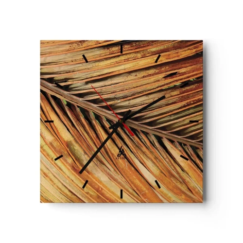 Reloj de pared - Reloj de vidrio - Primer plano de una hoja de palma seca en tonos cálidos. - 30x30cm - Oro de coco - Decoración de pared moderna para salón y dormitorio ARTTOR