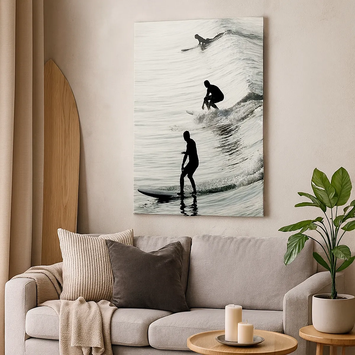 Cuadro sobre lienzo - Impresión de Imagen - Surfistas en las olas en una toma monocromática - 50x70cm - Al encuentro de la ola - Decoración de pared moderna para salón y dormitorio ARTTOR