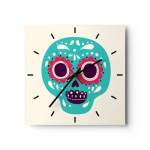 Reloj de pared - Reloj de vidrio - Una calavera de azúcar turquesa y morada inspirada en la cultura mexicana. - 30x30cm - La vida: diversión hasta la muerte - Decoración de pared moderna para salón y dormitorio ARTTOR