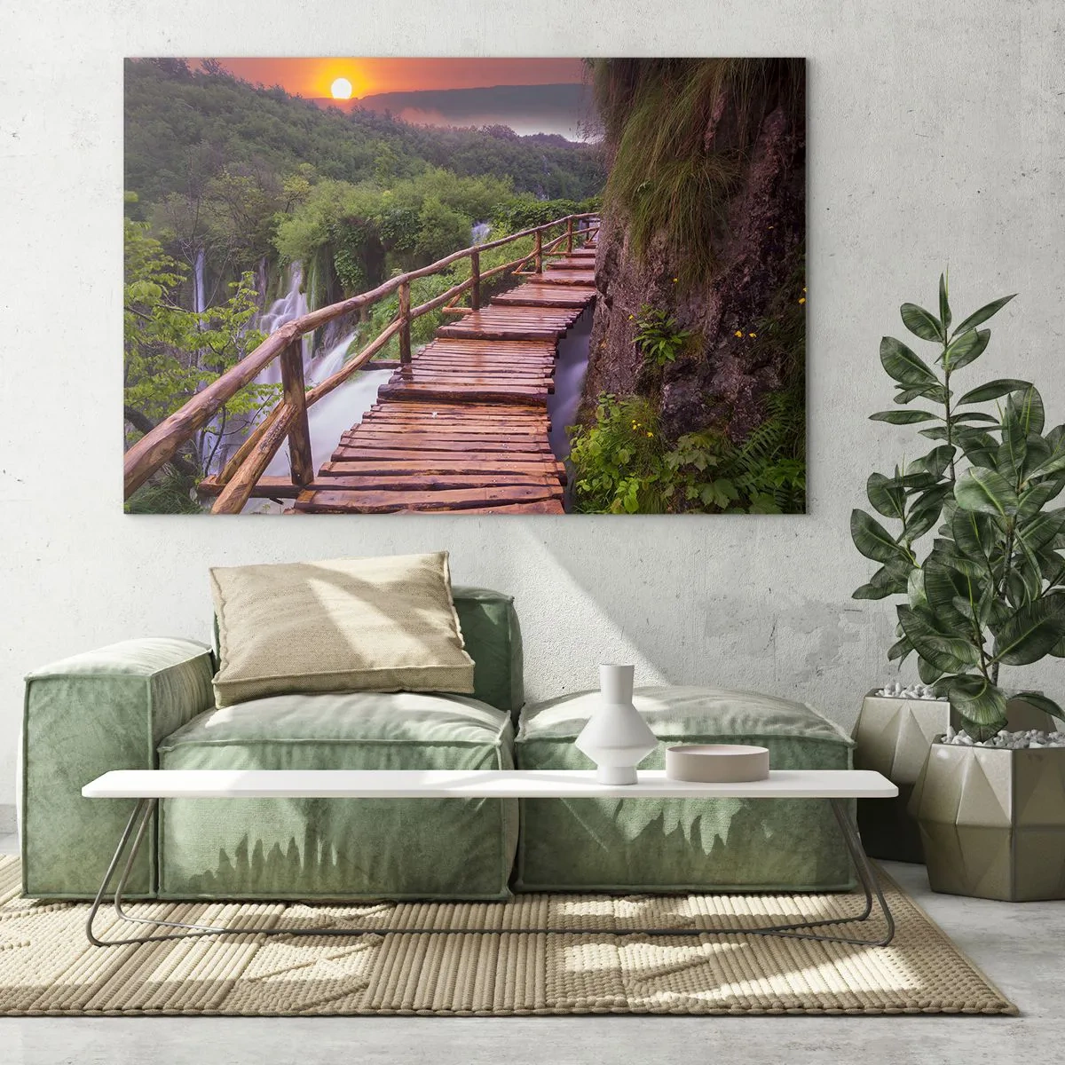 Cuadro sobre vidrio - Impresiones sobre Vidrio - Un camino de madera entre la vegetación al atardecer. - 70x50cm - Una belleza inimaginable - Decoración de pared moderna para salón y dormitorio ARTTOR