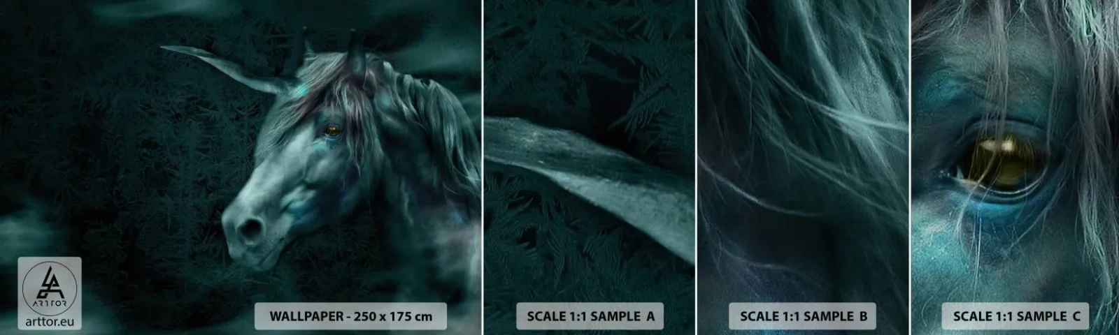 Muestra De Fotomural Standard Eco - En un bosque de cuento de hadas - Unicornio, Fantasía, Abstracción - 100x30 cm