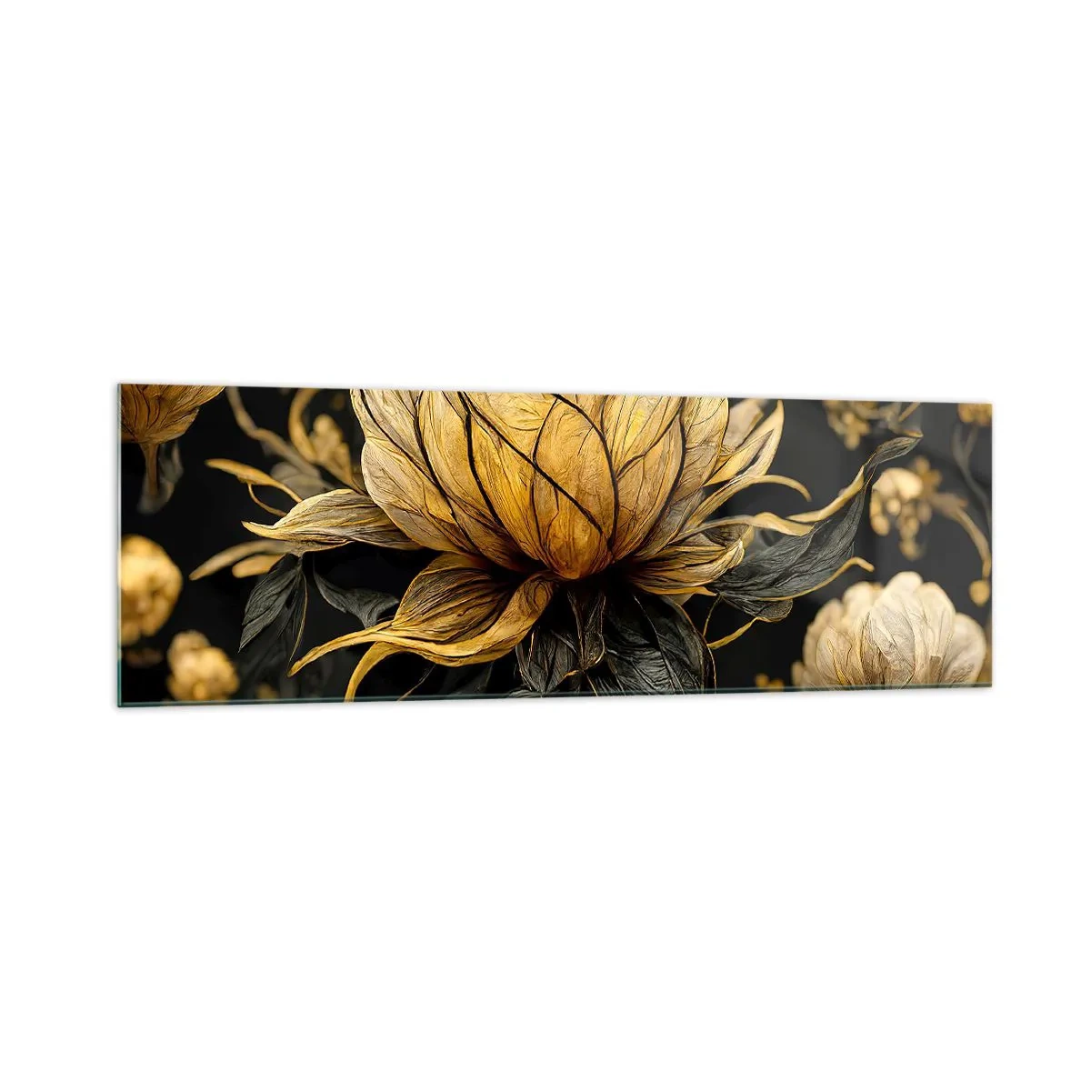 Cuadro sobre vidrio - Impresiones sobre Vidrio - Flor dorada sobre fondo oscuro - 160x50cm - Sutil fragilidad - Decoración de pared moderna para salón y dormitorio ARTTOR