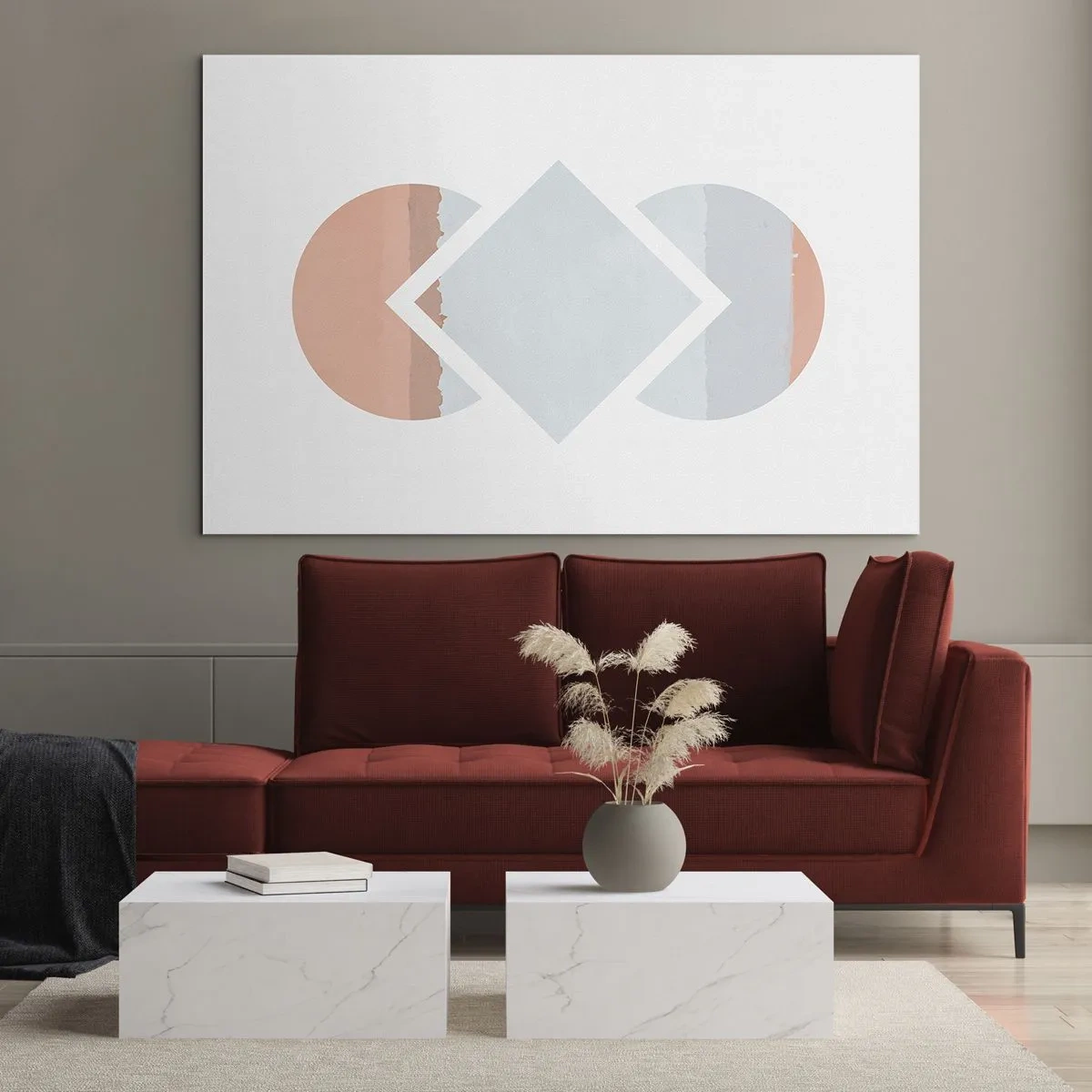 Cuadro sobre vidrio - Impresiones sobre Vidrio - Un rombo pastel en el centro entre los semicírculos sobre un fondo blanco. - 70x50cm - Arte geométrico - Decoración de pared moderna para salón y dormitorio ARTTOR