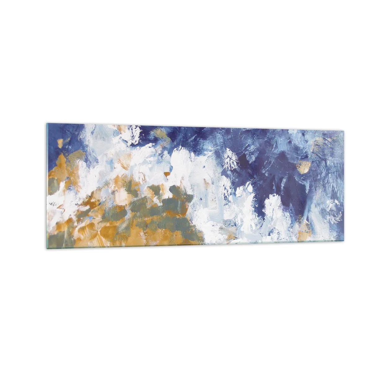 Cuadro sobre vidrio - Impresiones sobre Vidrio - Abstracción en tonos azules, blancos y dorados. - 140x50cm - Danza de los elementos - Decoración de pared moderna para salón y dormitorio ARTTOR