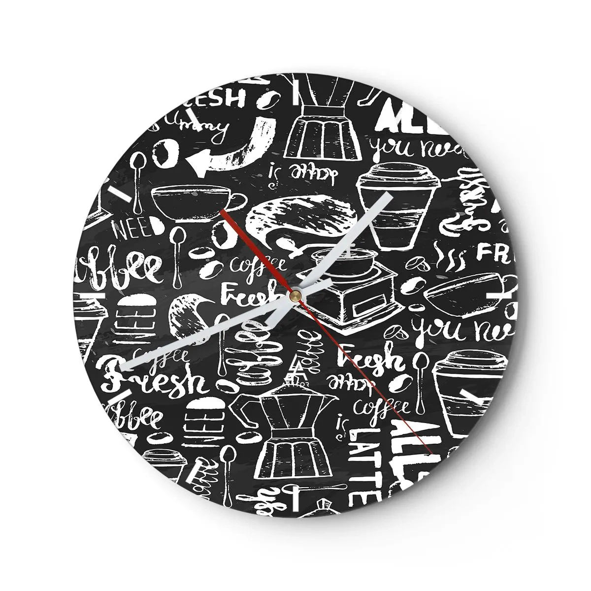 Reloj de pared - Reloj de vidrio - Motivo de café al estilo de un dibujo con tiza sobre fondo negro. - 30x30cm - All you need is… - Decoración de pared moderna para salón, cocina y dormitorio ARTTOR