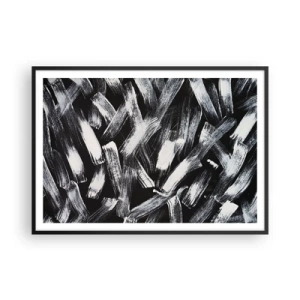 Póster en marco negro - Abstracción dinámica con pinceladas blancas sobre fondo negro. - 100x70cm - Abstracción en el espíritu industrial - Decoración de pared moderna para salón y dormitorio ARTTOR