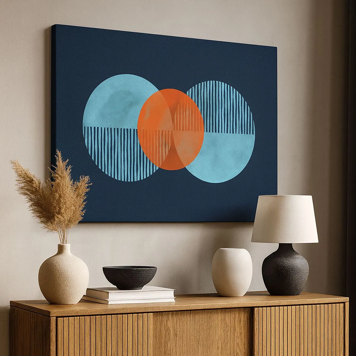 Cuadro sobre lienzo - Impresión de Imagen - Círculos geométricos en tonos azules y naranjas. - 70x50cm - Composición simétrica - Decoración de pared moderna para salón y dormitorio ARTTOR