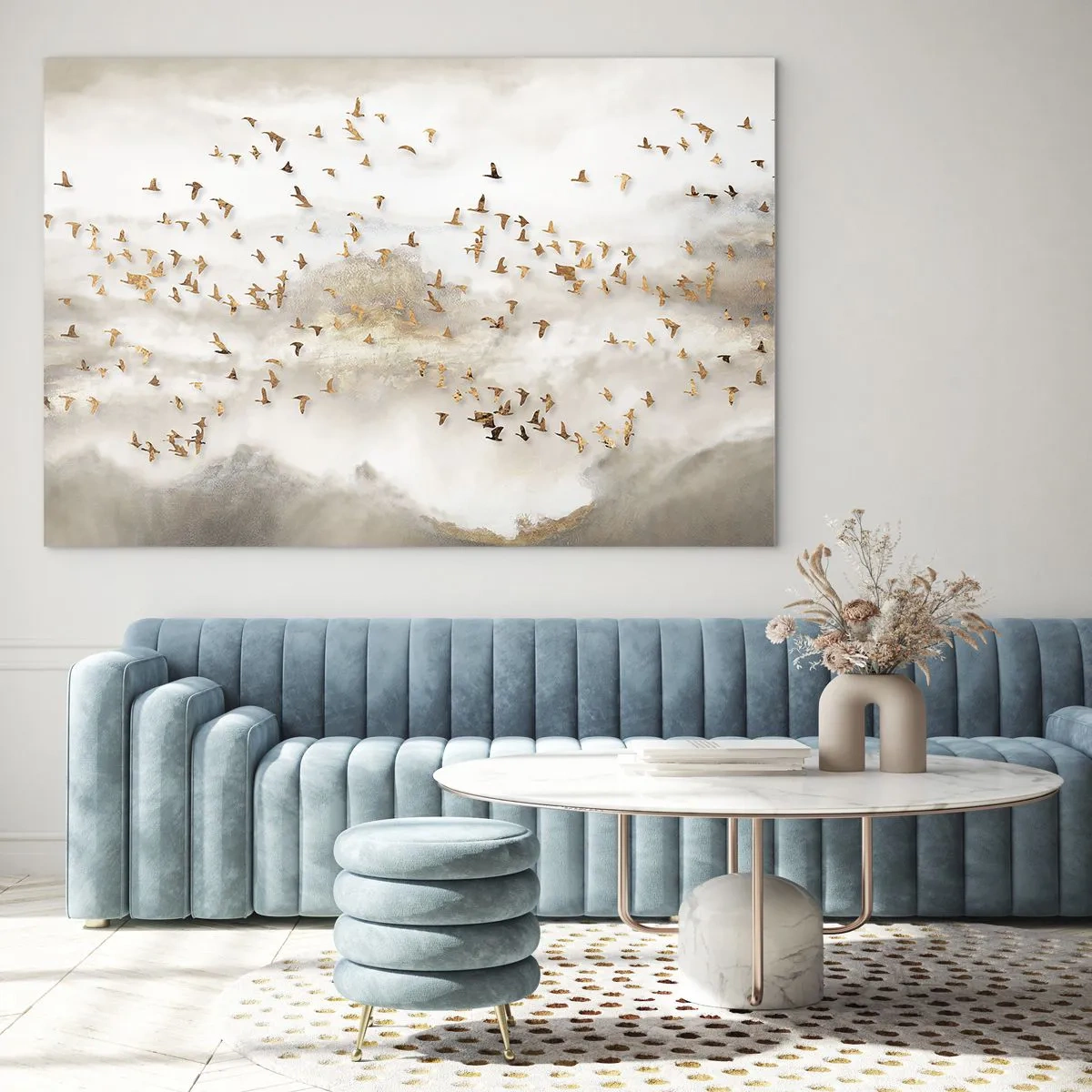 Cuadro sobre vidrio - Impresiones sobre Vidrio - Una bandada de pájaros volando sobre un paisaje brumoso. - 120x80cm - Es hora... - Decoración de pared moderna para salón y dormitorio ARTTOR