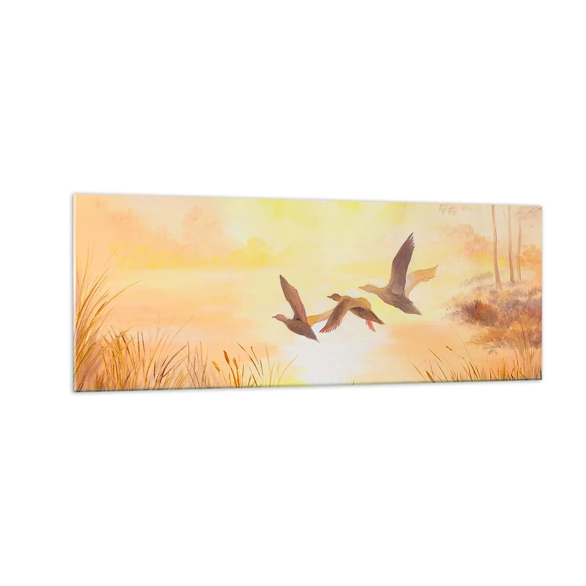 Cuadro sobre vidrio - Impresiones sobre Vidrio - Patos volando al amanecer sobre el lago - 140x50cm - El comienzo de un largo viaje - Decoración de pared moderna para salón y dormitorio ARTTOR