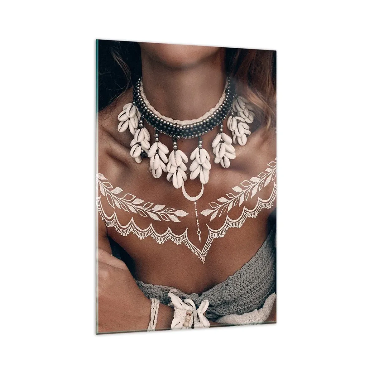 Cuadro sobre vidrio - Impresiones sobre Vidrio - Estilo boho con joyas de conchas y patrón de encaje. - 80x120cm - Talismanes, rituales de feminidad - Decoración de pared moderna para salón y dormitorio ARTTOR