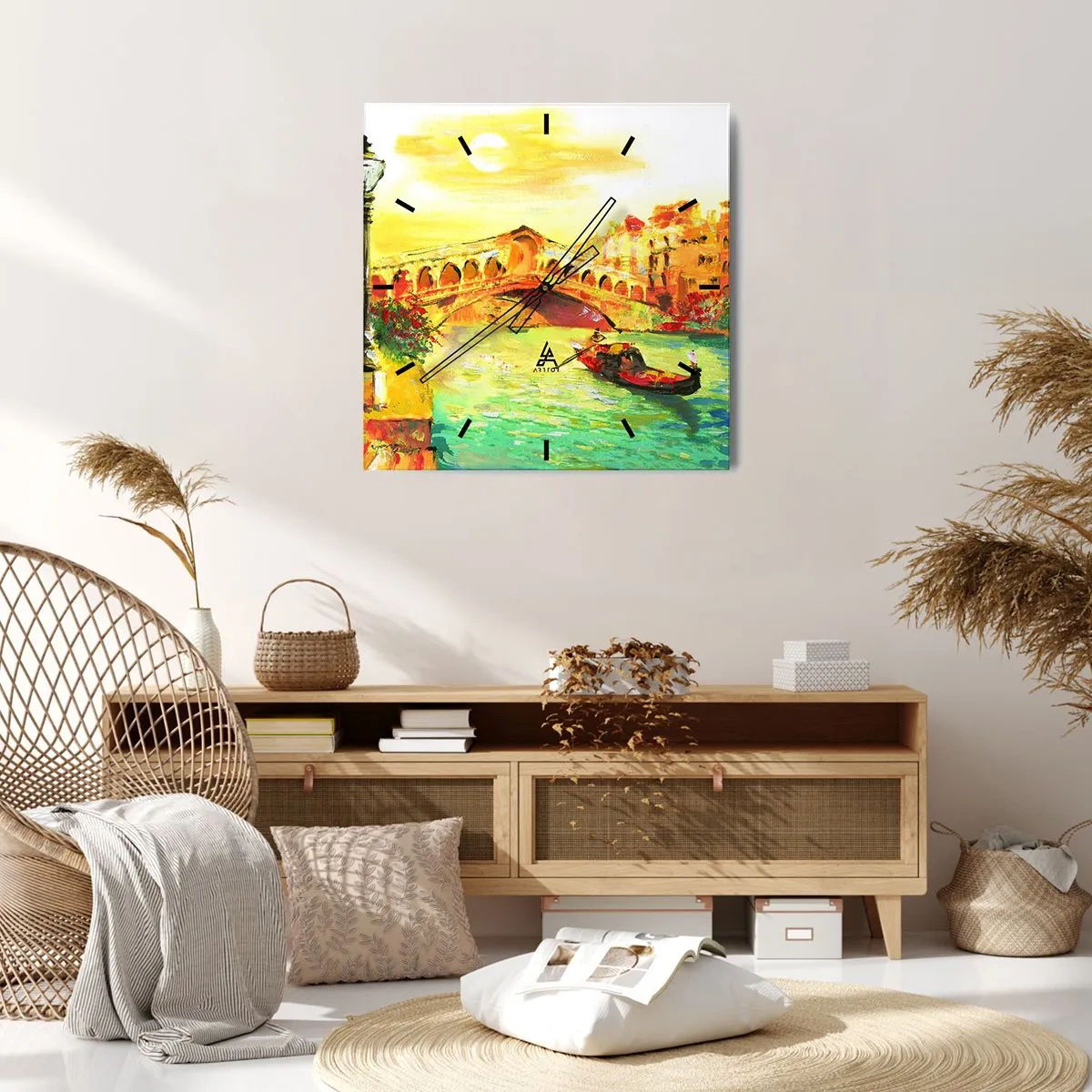 Reloj de pared - Reloj de vidrio - Un pintoresco puente sobre el canal con una góndola a la luz del sol poniente. - 30x30cm - Peregrinación de los amantes - Decoración de pared moderna para salón y dormitorio ARTTOR