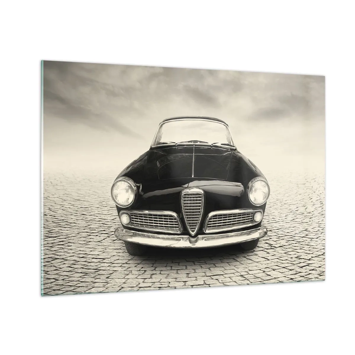 Cuadro sobre vidrio - Impresiones sobre Vidrio - Coche clásico en carretera adoquinada en blanco y negro - 100x70cm - ¿Y cómo no quererme? - Decoración de pared moderna para salón y dormitorio ARTTOR