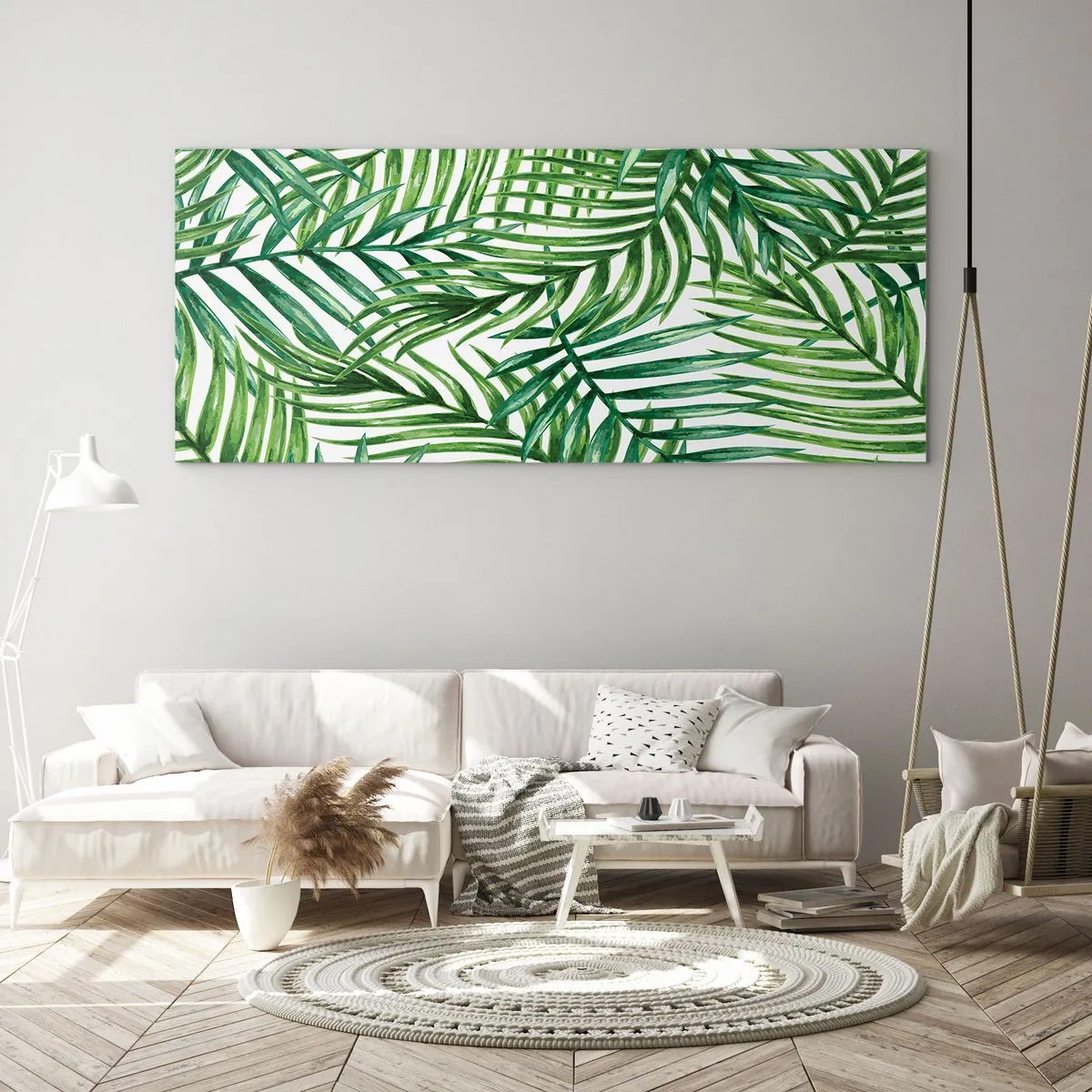 Cuadro sobre vidrio - Impresiones sobre Vidrio - Hojas de palmera tropical verde sobre un fondo claro - 120x50cm - Bajo el verde - Decoración de pared moderna para salón y dormitorio ARTTOR