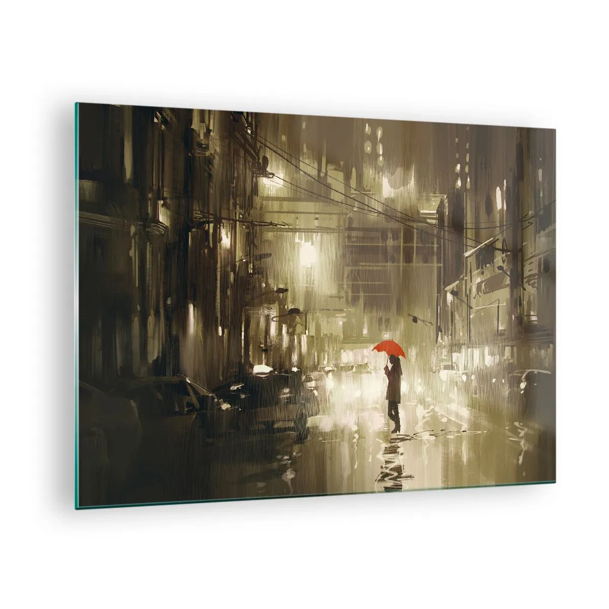 Cuadro sobre vidrio - Impresiones sobre Vidrio - Persona con paraguas rojo bajo la luz lluviosa de la ciudad por la noche - 70x50cm - Soledad en la urbe - Decoración de pared moderna para salón y dormitorio ARTTOR
