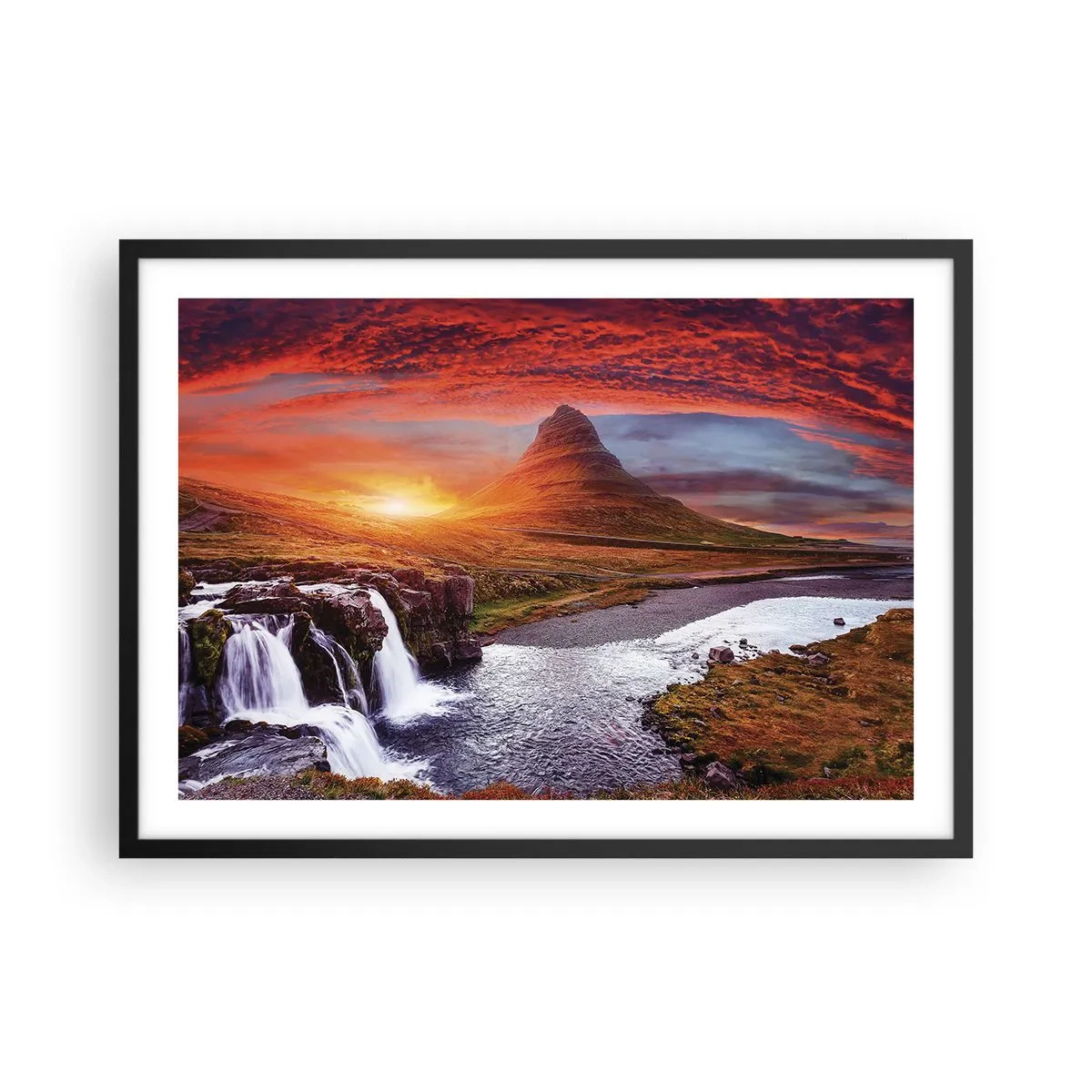 Póster en marco negro - Paisaje de montaña con cascada al atardecer. - 70x50cm - Una vista de la Tierra Media - Decoración de pared moderna para salón y dormitorio ARTTOR