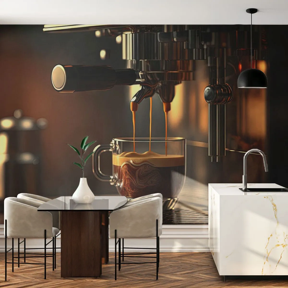 Fotomural Premium Sand - Una máquina de café con una taza de espresso en un interior elegante. - 100x70cm - Un brebaje sensual - Decoración de pared moderna para salón y dormitorio ARTTOR
