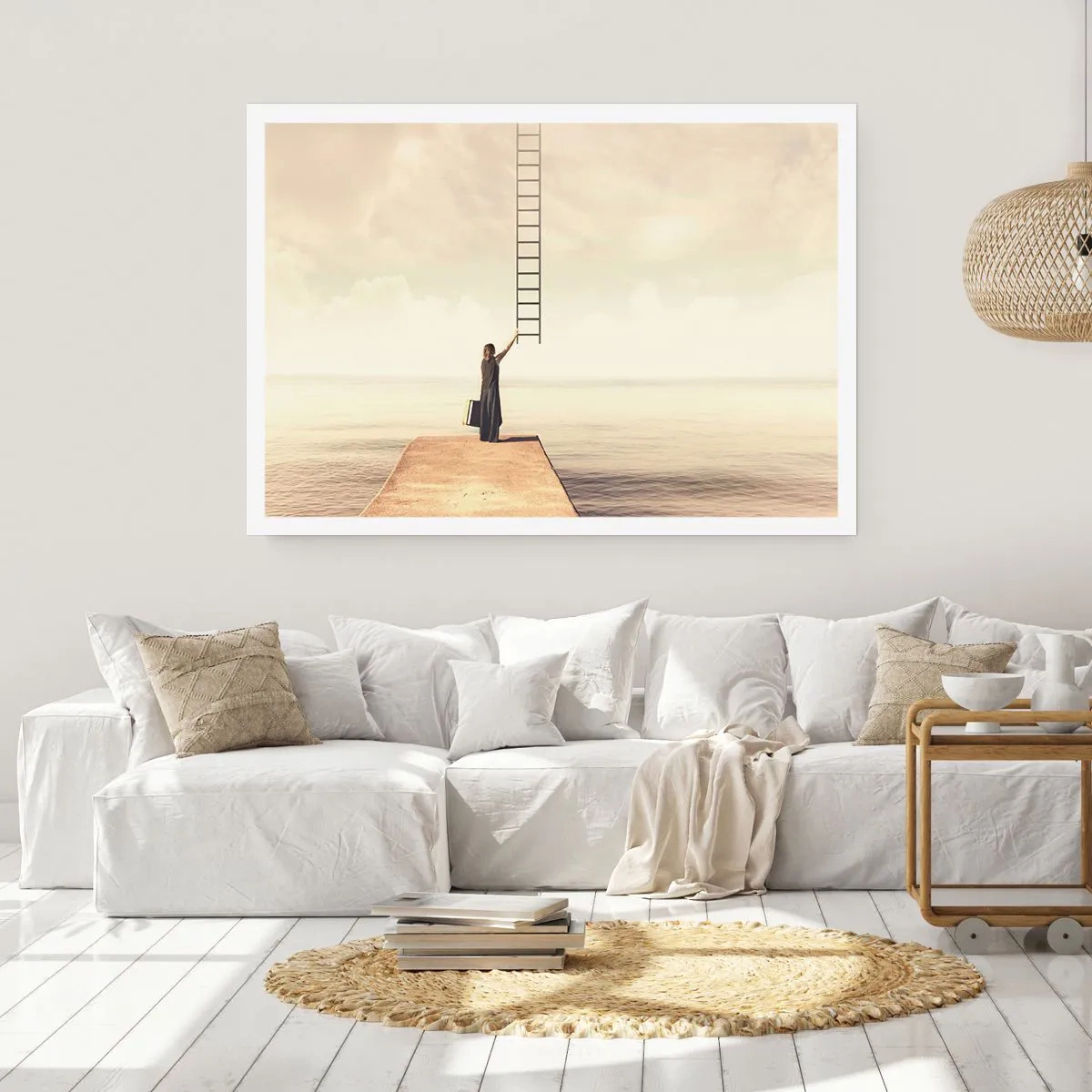 Póster - Una mujer parada en un muelle con una escalera que conduce al cielo. - 100x70cm - Un viaje mágico - Decoración de pared moderna para salón y dormitorio ARTTOR