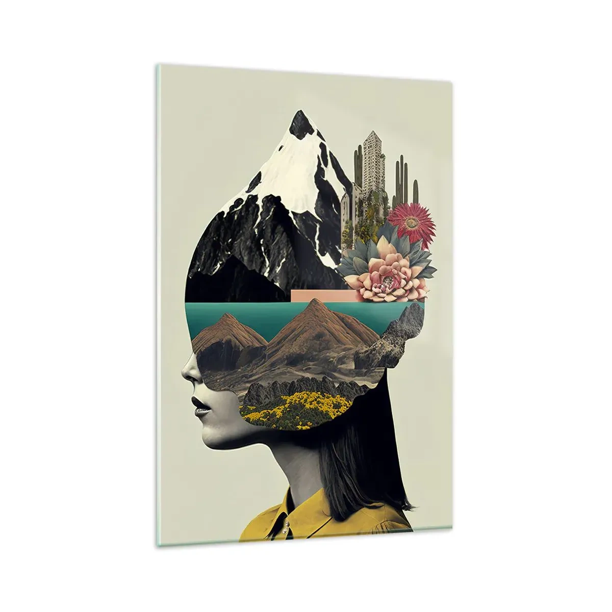 Cuadro sobre vidrio - Impresiones sobre Vidrio - Collage de una mujer con un paisaje de montaña y flores. - 80x120cm - La mujer, siempre un misterio - Decoración de pared moderna para salón y dormitorio ARTTOR