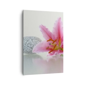 Cuadro sobre lienzo - Impresión de Imagen - Flor de lirio rosa con piedras sobre un fondo claro. - 70x100cm - Estudio en rosa, gris y blanco - Decoración de pared moderna para salón y dormitorio ARTTOR